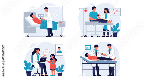 Medical professionals providing healthcare services like patient checkups, blood pressure tests, and pediatric consultations.