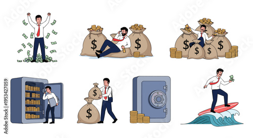 Successful businessman celebrating with money, sitting on cash bags, guarding a safe, and surfing on a wave of wealth.