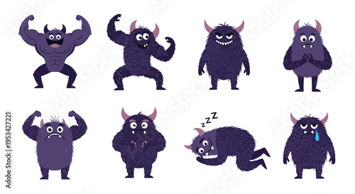 Collection of funny and cute purple monster characters with different expressions like angry, happy, sleeping, and sad.