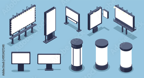 Diverse set of isometric outdoor advertising billboards, lightboxes, and city posters for marketing and promotional use.