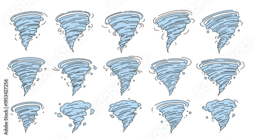 Collection of various tornado and vortex illustrations with swirling clouds and debris in a comic or sketch style.