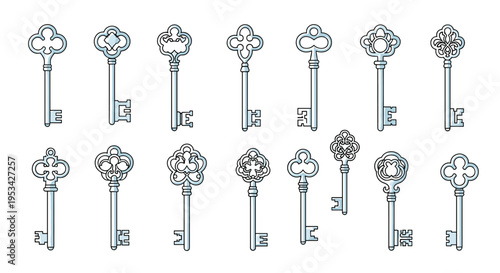 Comprehensive collection of various vintage style metal keys with ornate heads and unique blade patterns.
