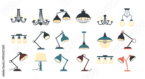 Large variety of interior lighting fixtures including ceiling chandeliers, desk lamps, floor lamps, and hanging pendants.