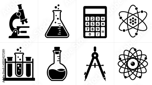Science Icons Vector – Microscope, Chemistry Flask, Calculator, Atom, Compass, Physics Model Graphic