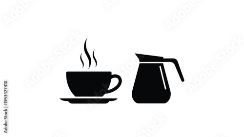 A steaming cup and coffee pot depicted in stark black silhouette