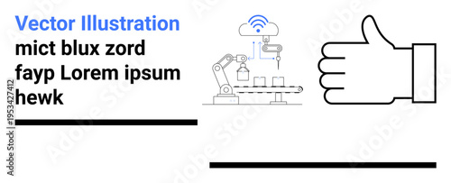 Factory automation, cloud computing, IoT, robotics in manufacturing, production efficiency, data integration. Robot arm on assembly line with a connected cloud icon. Automation and cloud computing