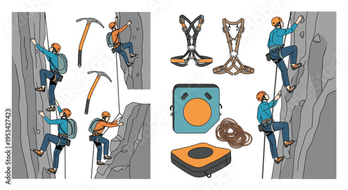 Professional rock climbers scaling a steep mountain face equipped with harnesses, ropes, helmets, and various safety gear.