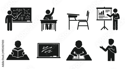 Education Icons Vector – Teacher, Student, Chalkboard, Presentation, Study, Notes, Classroom Graphic