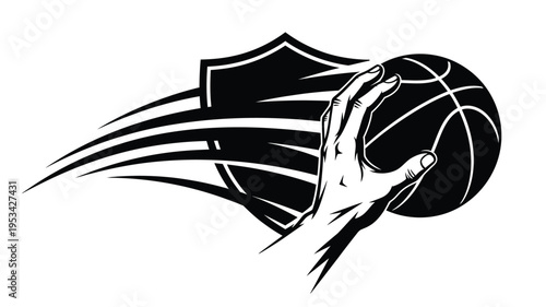A hand gripping a basketball with a shield dynamic illustration silhouette