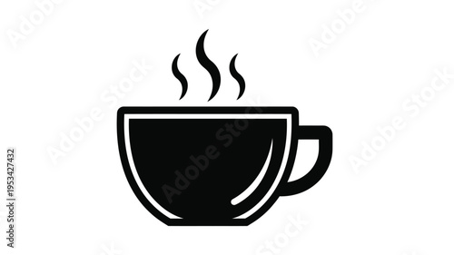 A steaming cup of coffee depicted in a bold black silhouette