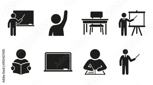 Education Icons Vector – Teacher, Student, Chalkboard, Presentation, Study, Notes, Classroom Graphic