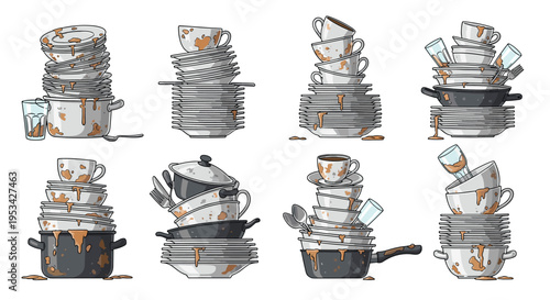 Large piles of unwashed dirty kitchenware including plates, cups, bowls, and pans with food stains and leftovers.