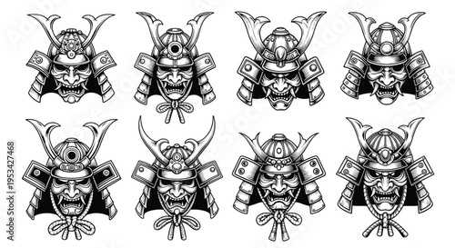 Eight different styles of detailed samurai helmets and masks featuring intricate traditional Japanese warrior designs.
