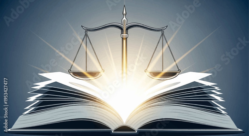 Law book with scales of justice shining brightly symbolizing fairness and legal knowledge for concepts of justice and education