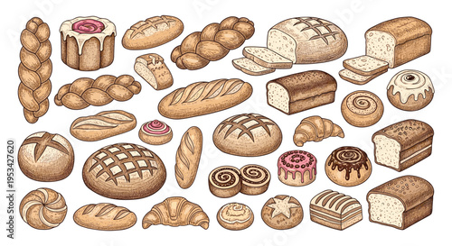 Assortment of artisanal bakery products featuring different types of bread, braided loaves, croissants, and glazed pastries.