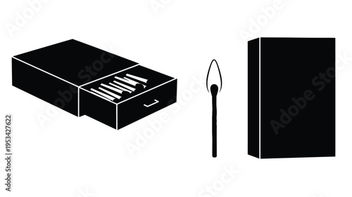 Black matchbox with open drawer and lit match striking silhouette