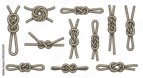 Set of various types of strong rope knots used for boating, climbing, and securing loads with thick natural fiber ropes.