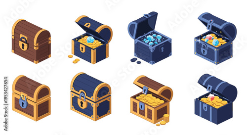 Selection of pirate treasure chests in various states of being open and closed filled with gold coins and precious blue gems.