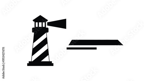 Minimalist graphic of a lighthouse and ship in stark silhouette