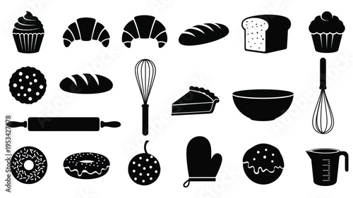 Black and white bakery items and tools in a striking silhouette
