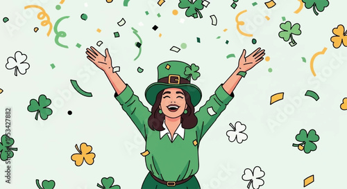 Woman celebrating st patrick's day with arms raised in joy surrounded by confetti and shamrocks