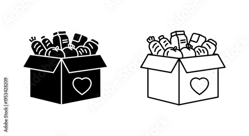 A donation box filled with food items, featuring a heart, presented in both solid and outline styles.