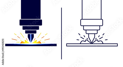 A machine performing laser cutting on a surface, illustrated with sparks in colored and outline styles.