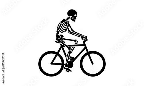 Silhouette of a human skeleton riding a bicycle isolated on white background