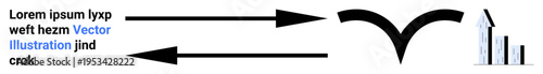 Business growth, communication, strategy development, market analytics, goal setting, data flow concepts. Two opposing arrows, minimal text a curved shape and a bar graph. Business growth