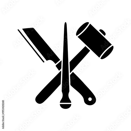 Crossed meat cleaver knife and sharpening steel with mallet hammer silhouette
