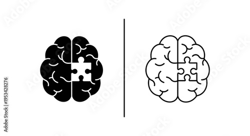 A human brain with a puzzle piece, symbolizing thought and problem-solving, in filled and outline styles.