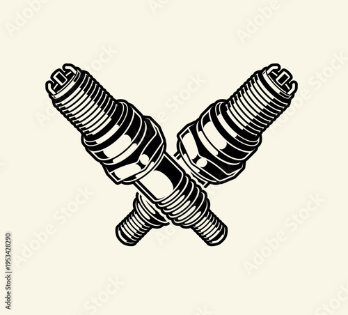 Sparkplug car-ignition system engine spare part, Sparkplug editable vector, sparkplug for outomotive art black and white badge , cross sparkplug badge, spark plug vector illustration isolated