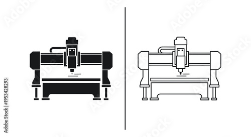 An industrial black and white icon of a CNC machine representing automated manufacturing technology.