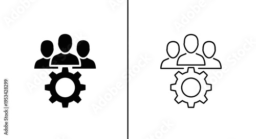 A black and white icon showing a group of people above a cogwheel, representing teamwork and process.