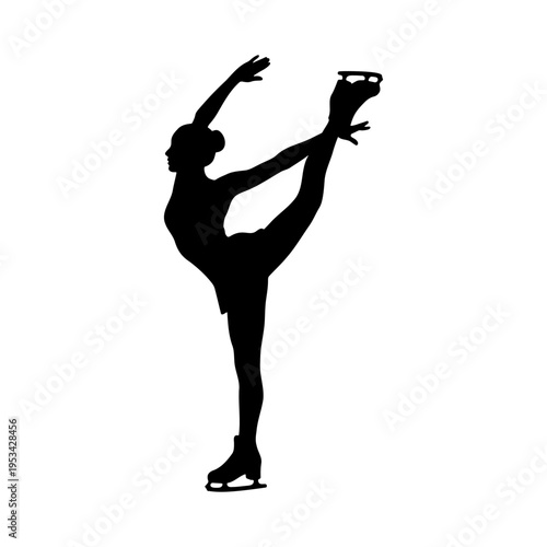 Silhouette of a female figure skater performing a graceful leg stretch on ice