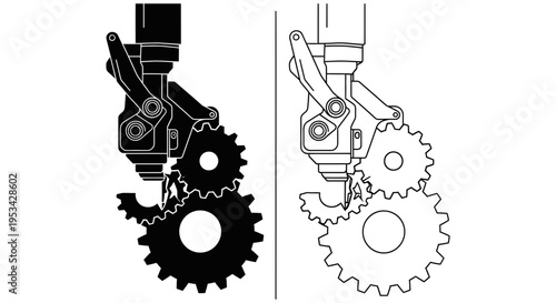 A complex robotic arm holding a cutting tool engaging with two industrial gears in motion.