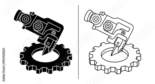 An isometric illustration of a robotic arm holding a cutting tool above an industrial gear.