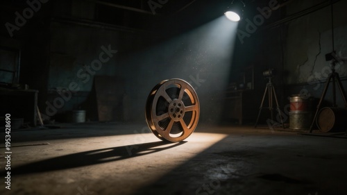Film Reel in Spotlight: A vintage film reel, illuminated by a dramatic spotlight, sits centered in a dimly lit, rustic workshop environment, symbolizing cinema and the art of storytelling.