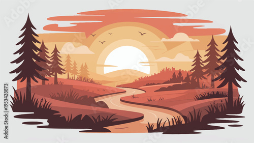 Stylized sunset over winding river valley with pine trees and warm orange sky