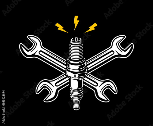 cross Sparkplug car-ignition system engine spare part, editable vector sparkplug for outomotive art black and white badge , sparkplug badge, spark plug vector illustration in isolated background. 