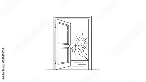 Vector illustration of open door with mountain landscape and sun