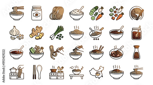 Chinese Noodle Dish Icon Set in Line Style. A collection of linear icons representing Asian cuisine, including ramen, ginger, garlic, scallions, soy sauce, bowl, stove, pot, and more. Editable stroke.