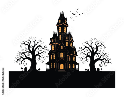 Vector of a haunted mansion surrounded by spooky trees with bats flying overhead