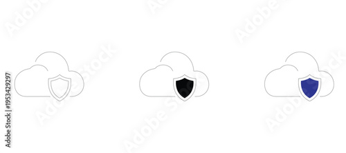  Cloud Security Icon Set with Protection Shield Symbol, Digital Data Storage Safety Vector Icons in Outline, Glyph, and Flat Blue Styles for Computing Privacy, Network Firewall, and Web Hosting