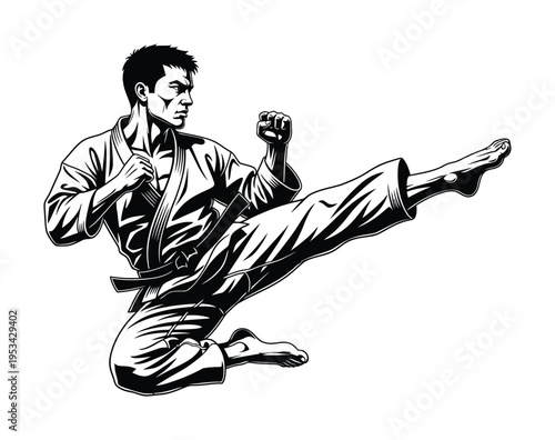Vector of a martial artist performing a high kick wearing traditional karate uniform