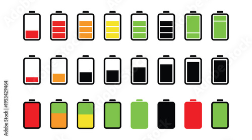 Set of battery charge many color flat icons. battery charging, charge indicator. vector battery power icon powerfully charged. vector illustration eps10.