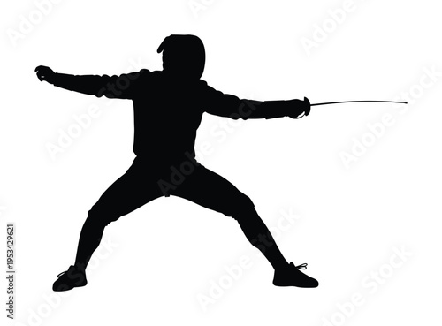 Vector silhouette of a man in a fencing stance holding a sword in a dynamic pose