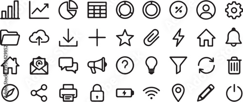 Business analytics and essential web utility thin line icon set pack