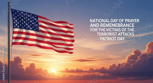 American flag waving at sunset on national day of prayer and remembrance for terrorist attack victims on patriot day