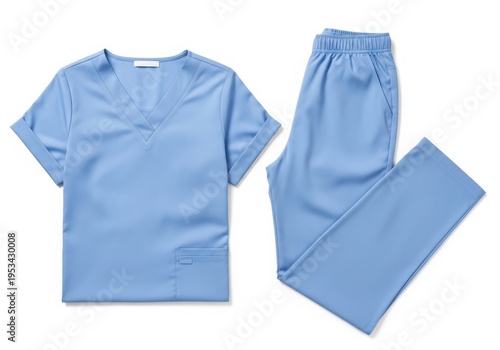 Light blue medical scrubs set consisting of a v-neck top and pants isolated on white background